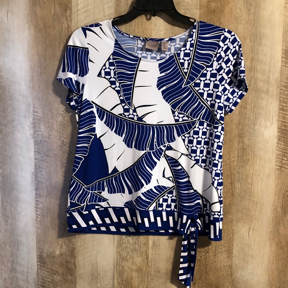 Chico's Blue and White Short Sleeve Tie-Hem Printed Top